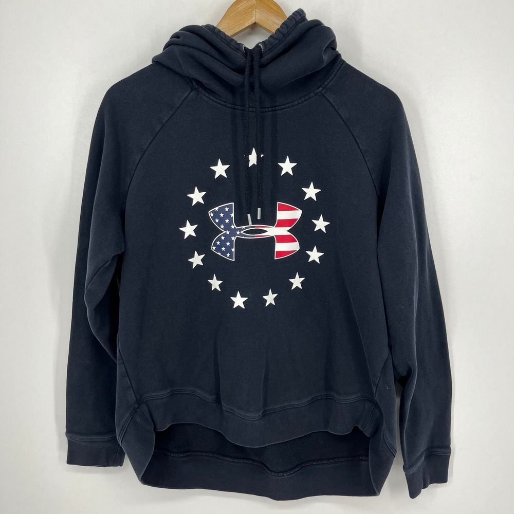 Under Armour Womens Black American Flag Stars Logo Hoodie Sweatshirt Large